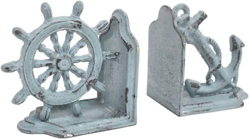 Anchor and Wheel - Metal Nautical Bookends, 5.25"W, 5.25"H, Antique Blue - Image 2