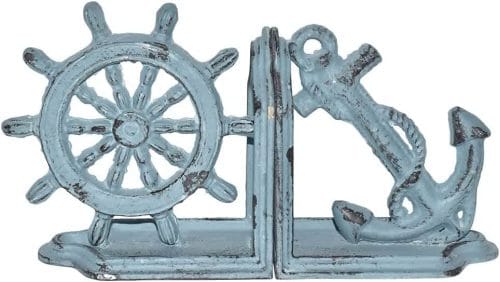 Anchor and Wheel - Metal Nautical Bookends, 5.25"W, 5.25"H, Antique Blue