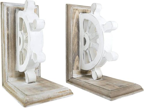 Ships Wheel - Wood Nautical Bookends, 6"W, 7.75"H, White