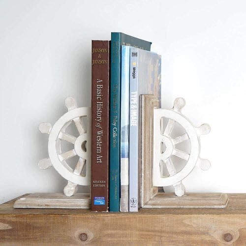 Ships Wheel - Wood Nautical Bookends, 6"W, 7.75"H, White - Image 2