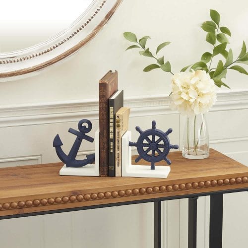 Anchor and Wheel - Metal Nautical Bookends, 6"W, 6"H, Blue - Image 2