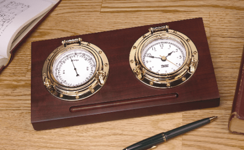 Weems Porthole Desk Set With Brass Clock And Barometer